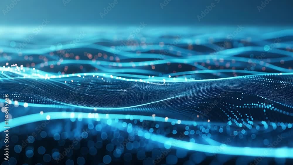 Poster abstract digital landscape is forming with flowing blue particles and lines, representing innovative