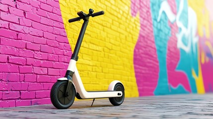 A modern electric scooter stands against a vibrant, multicolored brick wall, showcasing a blend of urban style and eco-friendly transportation.