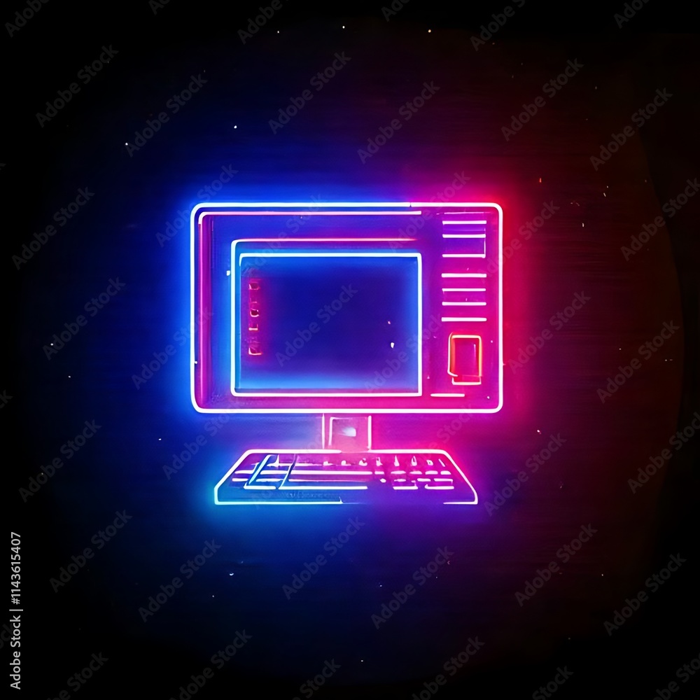 Poster this neon icon shows a desktop computer outline, representing digital technology and computing.