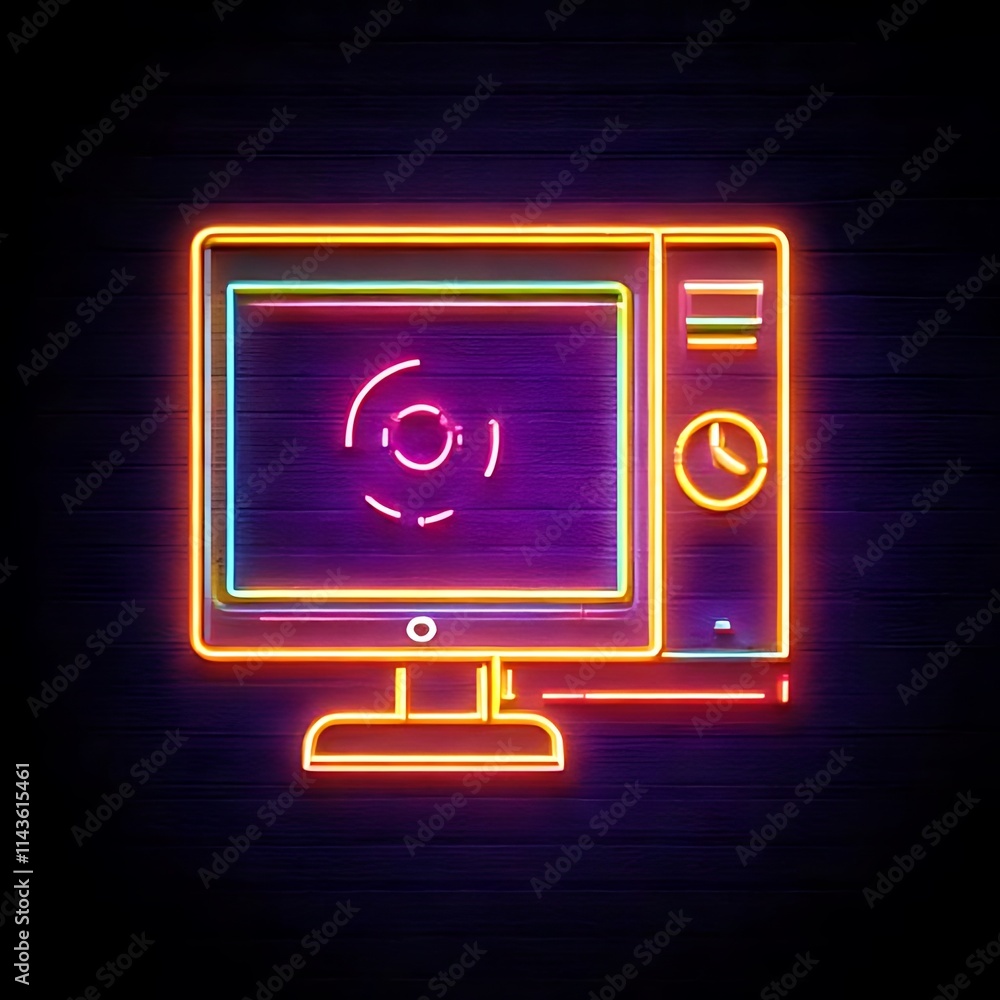 Poster this neon icon shows a desktop computer outline, representing digital technology and computing.