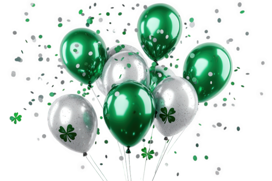 a cluster of green and silver balloons with confetti falling around them the balloons have a glossy finish and the confetti is silver and green - Powered by Adobe