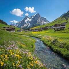 Tranquil alpine village with blooming meadows and majestic mountains alps landscape photography natural beauty scenic view