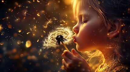 Fototapeta premium A child blowing on a golden dandelion as its seeds scatter into the glowing wind symbolizing the fragile ephemeral nature of wishes and the hopeful whimsical spirit of luck and new beginnings