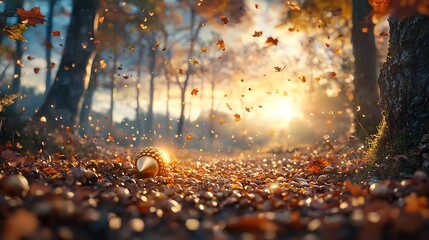 A single bright golden acorn resting peacefully on a forest floor amidst fallen autumn leaves symbolizing luck growth and the promise of new beginnings in the changing seasons