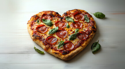 Valentine's Day, baked heart shaped pizza on light wooden background close up, created with Generative AI technology