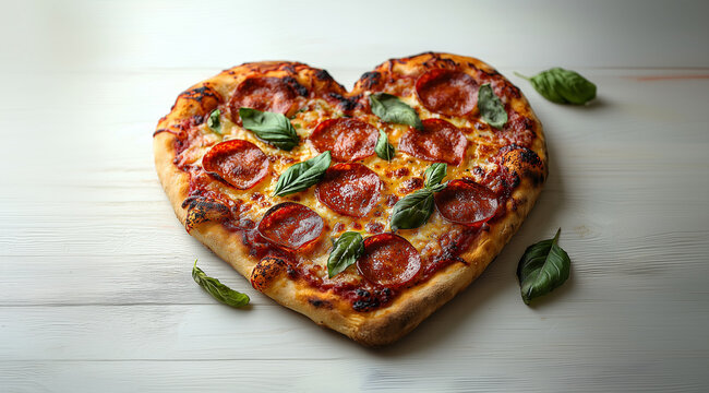 Valentine's Day, baked heart shaped pizza on light wooden background close up, created with Generative AI technology