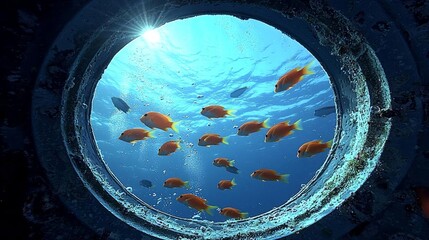 Diving bottom window porthole view of tropical fishes swimming in blue ocean with sunlight in slow motion