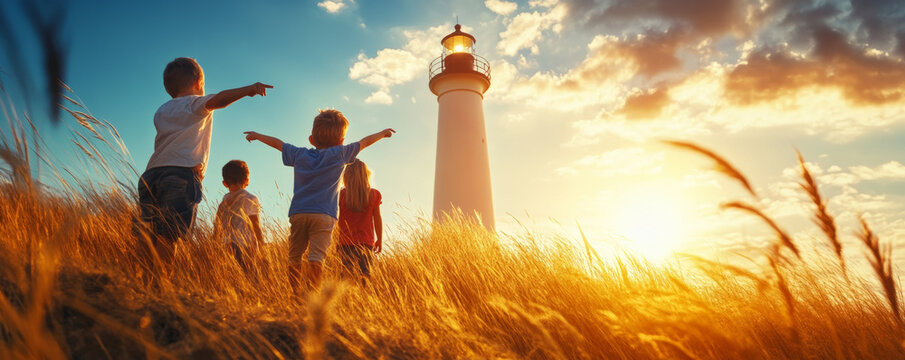 Children joyfully pointing at lighthouse during golden sunset, surrounded by tall grass and vibrant sky, creating warm and adventurous atmosphere