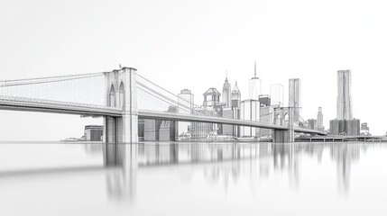 architectural drawing skyline and Bridge. white background.