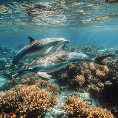 Dolphins under water at the coral reef