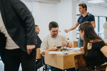 High school students actively engaged in a classroom, communicating and collaborating on assignments. The scene reflects a focus on education, teamwork, and student interaction in a dynamic learning