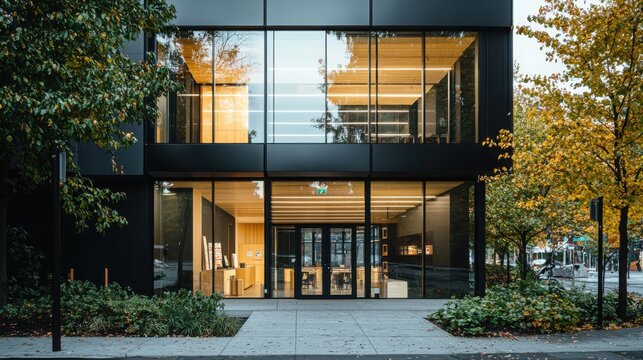 Modern small office building exterior with minimalistic design and optimized lighting in urban environment