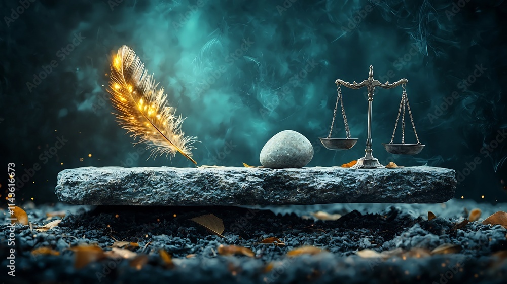 Poster glowing ethereal feather delicately balanced on one side of a scale perfectly counterbalanced by a s