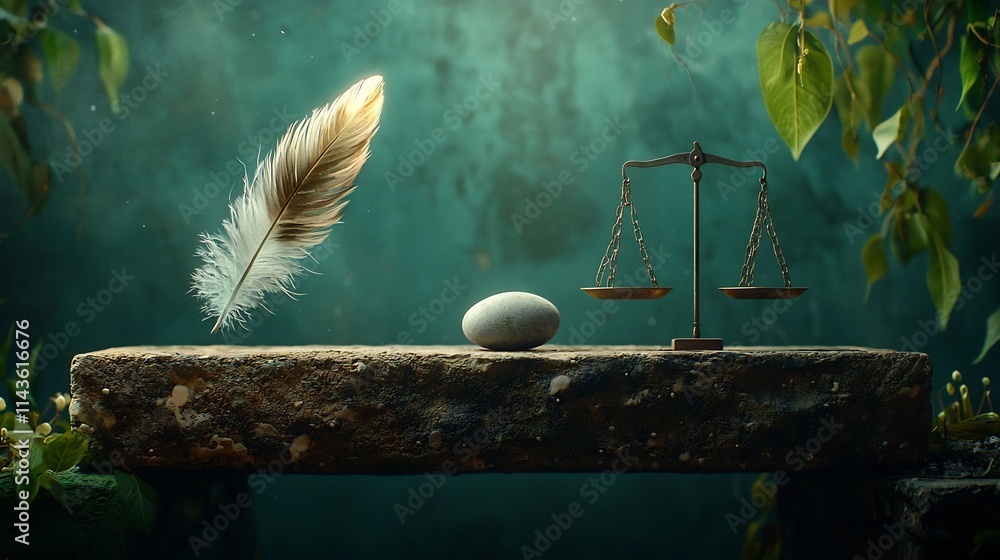 Poster a glowing feather resting on one side of a balance scale perfectly counterbalanced by a stone symbol