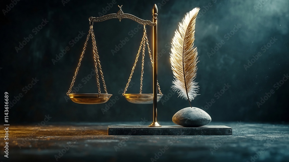 Poster a glowing ethereal feather resting on one side of a balance scale perfectly counterbalanced by a sto