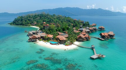 Drone view of Mabul Island, the base for diving in Sipadan Island, Sabah state in Malaysia. , isolated on white background,  , copy space, copy space for text,