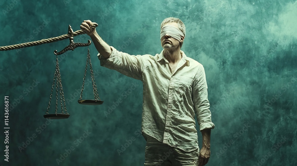 Poster symbolic image of a blindfolded figure standing on a tightrope and holding a set of scales represent