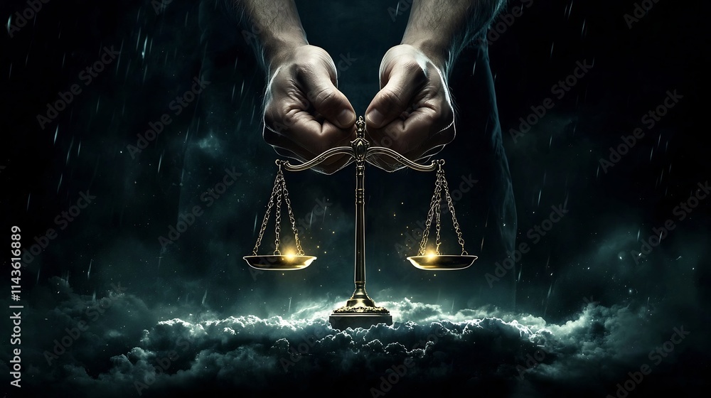 Poster two hands clasping a glowing scale in front of a dark storm symbolizing the power of unity and justi