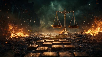 A winding path of shimmering golden bricks guides the viewer s gaze towards a massive glowing scale balanced on the horizon symbolizing the pursuit of justice fairness and equilibrium