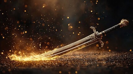 Cracked sword being reforged in golden flames symbolizing justice being restored after corruption