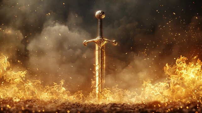 A cracked and damaged sword being reforged in a fiery forge engulfed in golden flames symbolizing the of justice and the triumph over corruption