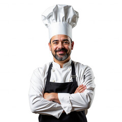 A stylish chef stands out against a transparent black background, donning a crisp white toque and sleek black apron with a shiny silver buckle