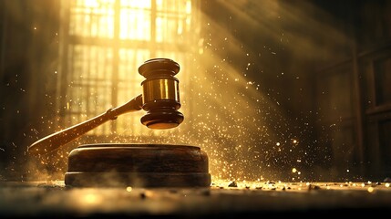 A gavel crafted from shimmering crystal strikes a glowing surface sending ripples of illumination across a dark ethereal room symbolizing the profound and transformative power of justice in action