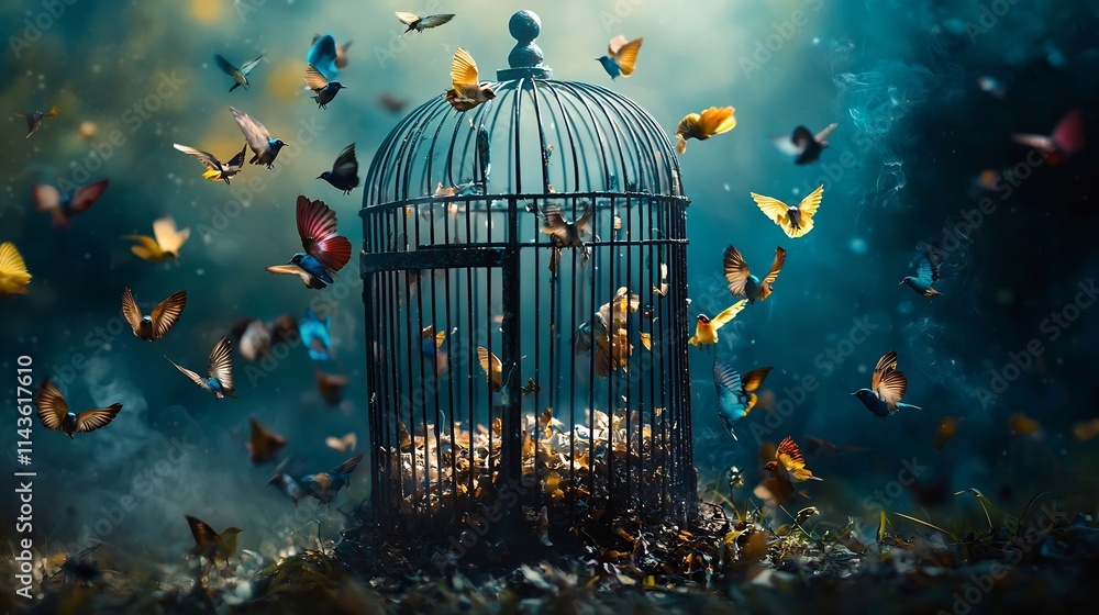 Poster an open and empty birdcage a symbolic representation of lost opportunities and the failure to seize 