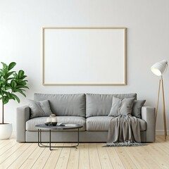 Modern Gray Sofa Living Room with Blank Frame. A serene and stylish living room featuring a light gray sofa, a simple coffee table, and a blank framed poster.