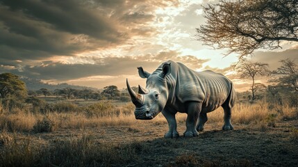Obraz premium White Rhino at Sunset in the African Savanna