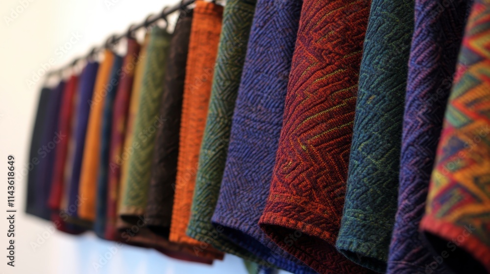 Poster a vibrant display of textured fabric swatches hanging in a row, showcasing a variety of colors and i