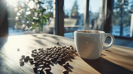 Cozy coffee moment bright kitchen beverage photography natural light close-up warmth and comfort