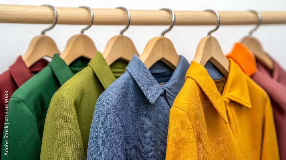 Poster a vibrant display of colorful shirts hanging on a rack, showcasing various textures and styles in a 