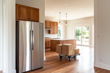 Kitchen interior stainless steel refrigerator wooden cabinets hardwood floors