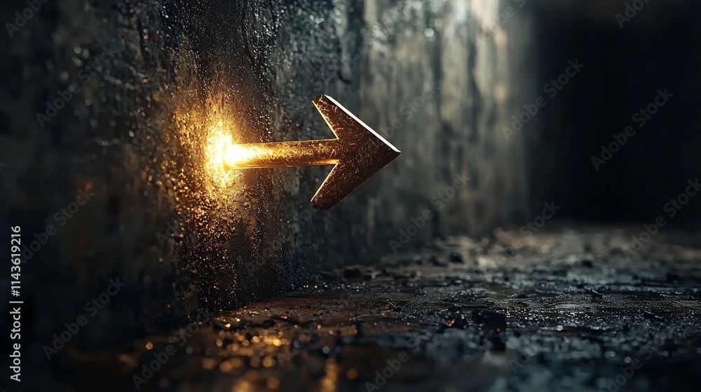 Poster a glowing golden arrow radiating a brilliant light pointing the way forward through a dark and myste