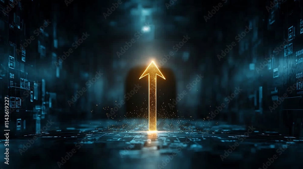 Poster a glowing golden arrow pointing forward illuminating the path through a dark tunnel and symbolizing 