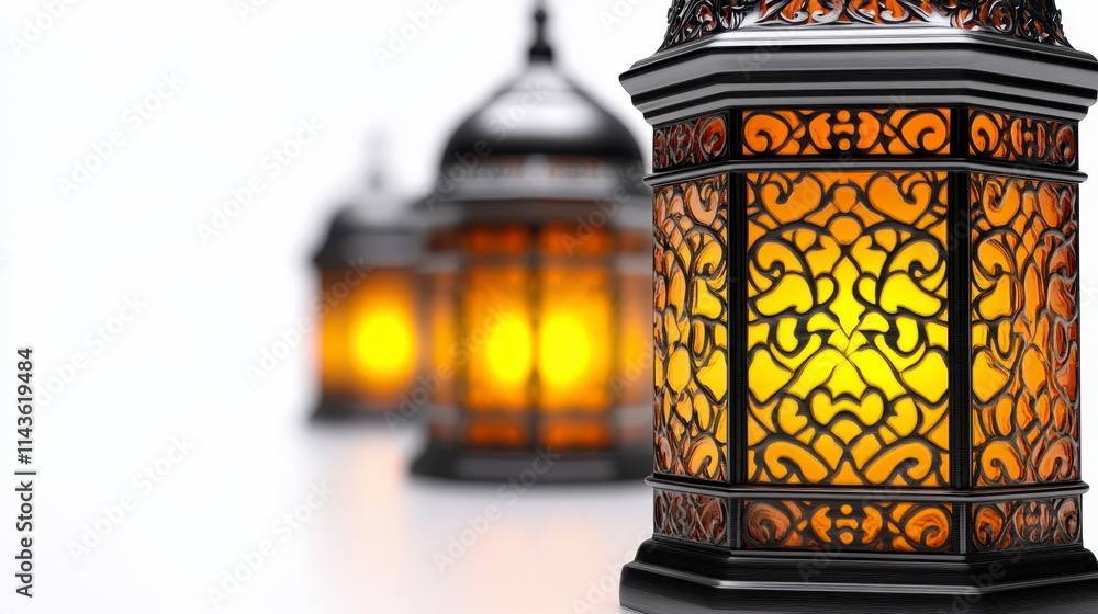 Poster a serene display of intricately designed lanterns glowing warmly with amber light, creating an invit