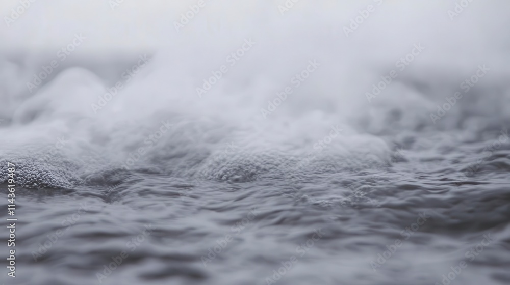 Poster a close-up view of water ripples with mist hovering above, creating a serene and tranquil atmosphere