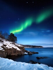 Naklejka premium Northern lights dance over snowy coastline scenic landscape night view