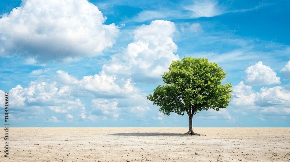 Poster a singular oak tree stands tall and unwavering in the middle of a vast empty field symbolizing the s