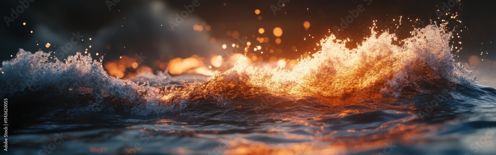 Poster ocean wave cascades over a crackling fire at sunset creating a mesmerizing display of nature's eleme