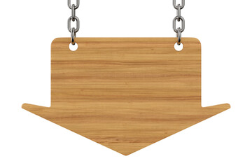 Wooden signboard hanging from chains on white background. Isolated 3D illustration