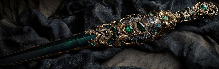 Intricate jeweled dagger adorned with emeralds resting on dark fabric