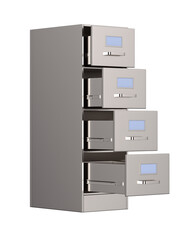 Filing cabinet with open drawer on white background. Isolated 3D illustration