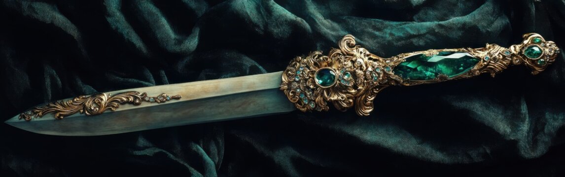 Ornate jeweled dagger featuring an emerald set against dark velvet fabric