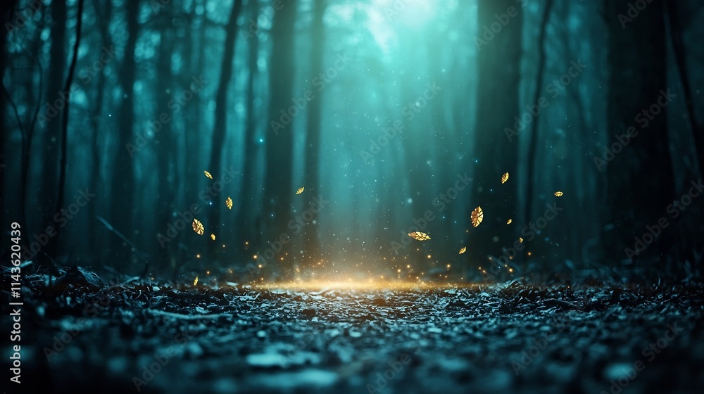 Poster a glowing luminous pathway leading through a dark enchanting forest with others following behind sym