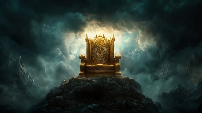 A stunning dramatic golden throne placed atop a majestic mountain peak surrounded by a turbulent glowing stormy sky exuding a sense of authority power and regal grandeur