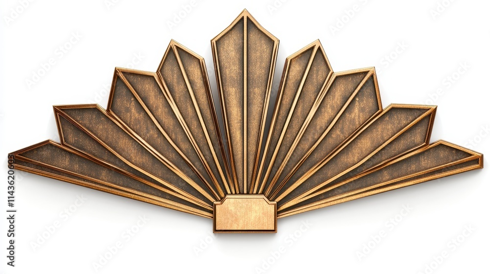 Poster a decorative art deco element featuring a fan-like shape with angular lines and a metallic finish, e
