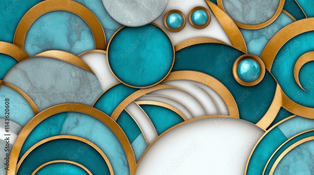 Poster a vibrant abstract design featuring turquoise and gold circular patterns, blending smooth shapes and