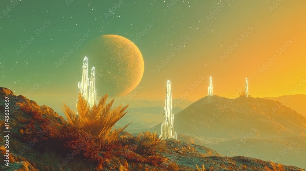 Poster ethereal landscape on a distant planet with glowing crystal formations and a large celestial body in